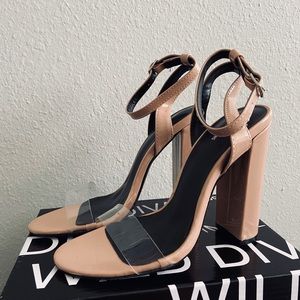 Nude block heels with clear toe strap